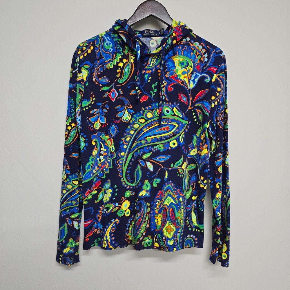 Polo Ralph Lauren Paisley Hoodie Women Small Navy Blue Cotton Jersey Bohemian